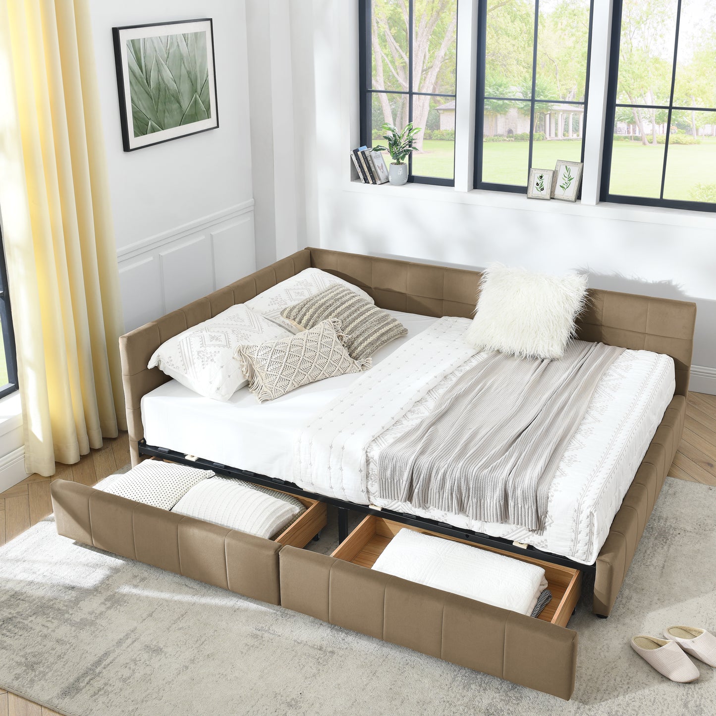 Queen Size Storage Upholstered Tufted Bed Frame, Sofa Bed Frame With Comfortable Backrest And Armrests, Queen Size Bed For Bedroom, Living Room,Velvet, BROWN 85.5x64.5x29.5