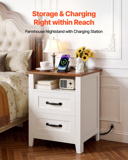 Farmhouse Nightstand, With Charging Station, End Table With 2 Drawers And Open Shelf, Bedside Storage Cabinet, Rustic Side Table With USB Port And AC Outlets, For Bedroom, Living Room, White