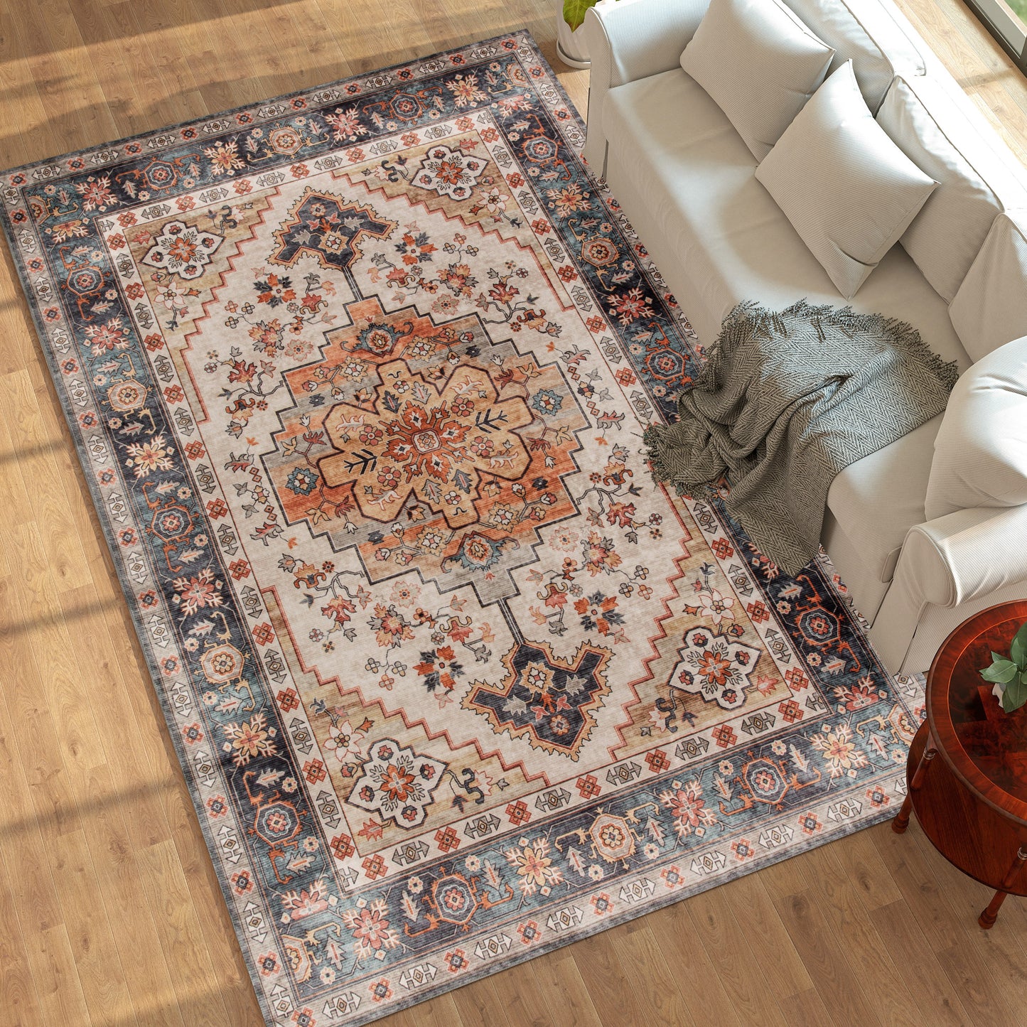 Area Rug 5x7, Machine Washable Rug, Non-Slip Boho Print Pattern Medallion Carpet For Living Room, Bedroom, Tawny Brown