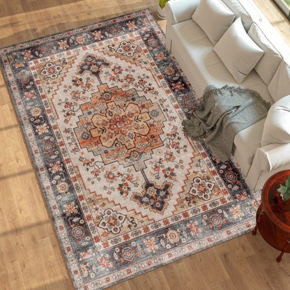 Area Rug 5x7, Machine Washable Rug, Non-Slip Boho Print Pattern Medallion Carpet For Living Room, Bedroom, Tawny Brown