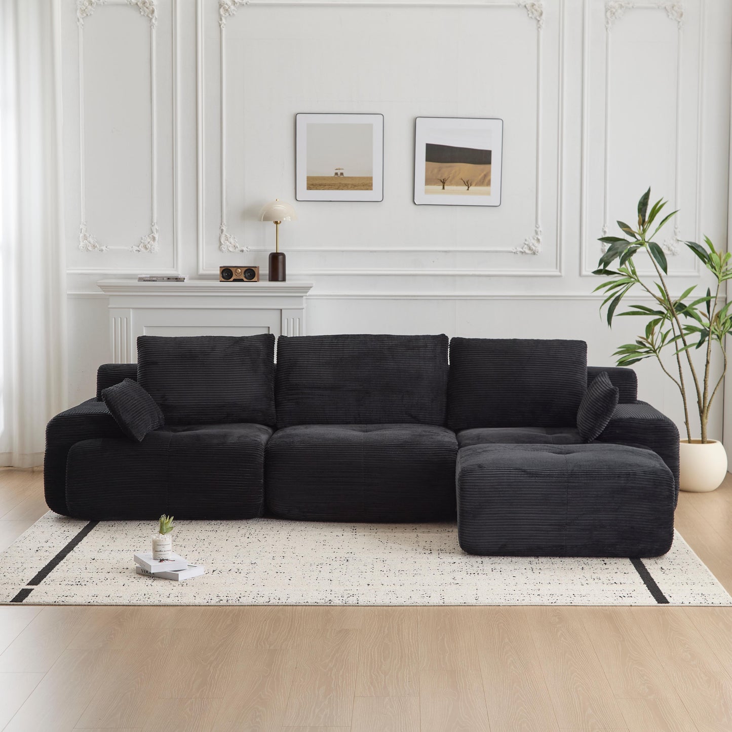Modern Memory Foam Compressed Sofa,Large Sectional Couches For Living Room,Pet-Friendly Cloud Modular Sectional Sofa,Corduroy Fabric,Extra Deep Loveseat,No Assembly Required, Black