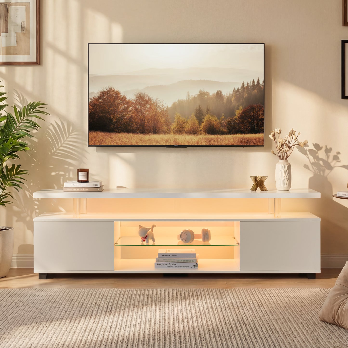 TV Stand For 60 Inch TV LED Gaming Entertainment Center Media Storage Console Table With Large Side Cabinet For Living Room White