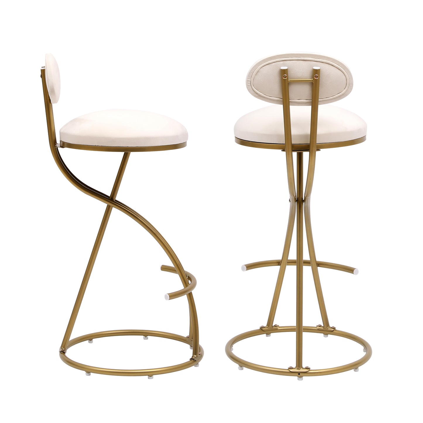 Round Bar Stool Armless Velvet Barstools With Back Set Of 2 Upholstered Counter Chair For Dining Room, Kitchen Island Gold  Creamy White