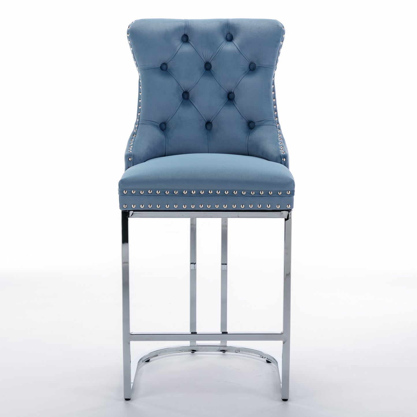 26  Counter Height Bar Stools Set Of 2, Modern Velvet Barstools With Button Back&Rivet Trim Upholstered Kitchen Island Chairs With Sturdy Chromed Metal Base Legs Farmhouse Bar Stools,Light Blue,2 Pack