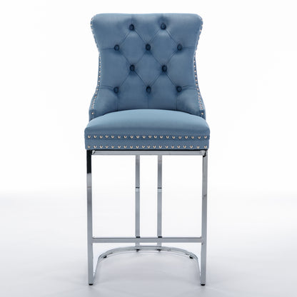 26  Counter Height Bar Stools Set Of 2, Modern Velvet Barstools With Button Back&Rivet Trim Upholstered Kitchen Island Chairs With Sturdy Chromed Metal Base Legs Farmhouse Bar Stools,Light Blue,2 Pack