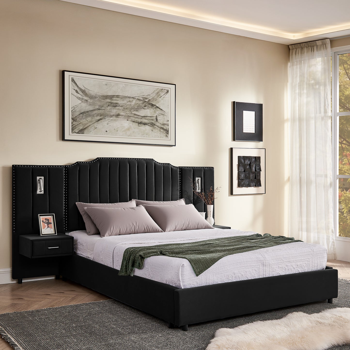 Queen Size Upholstered Bed Frame With Velvet Fabric, Vertical Stripe Design With Buttons Around  Platform Bed With Headboard, Solid Frame & Bedside Table - No Box Spring Needed-Black