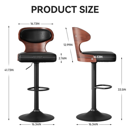 Bar Stools Set Of 2, Bentwood Swivel Barstools Seat Adjustable Height 24.5-33.5IN With Back & Footrest - PU Leather Upholstered Bar Chair For Dining Room