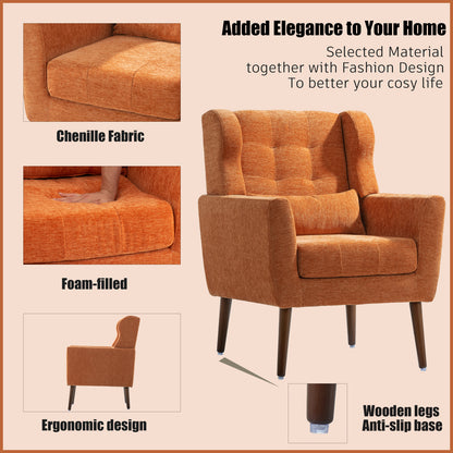 Modern Accent Chair,Chenille Arm Chairs For Living Room,Upholstered Mordern Armchair,Comfy Soft Padded Lounge Chair In Small Space, Bedroom, W-Pillow, Solid Wood Leg Orange