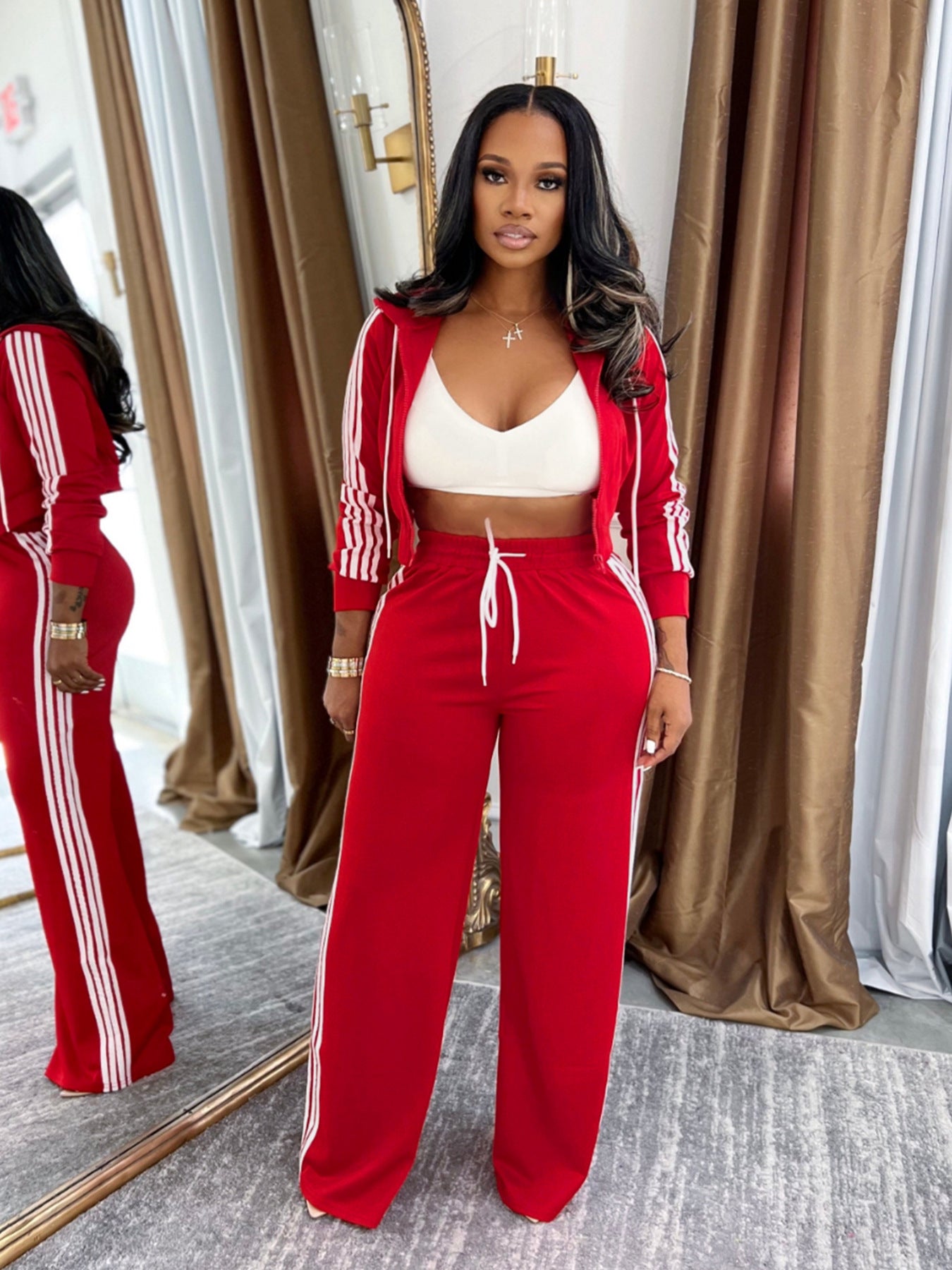Womens Fashionable Casual Striped Outerwear Set