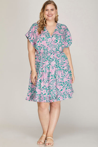 She + Sky Full Size Ruffled Hem Printed Surplice Kimono Sleeve Mini Dress Plus Size