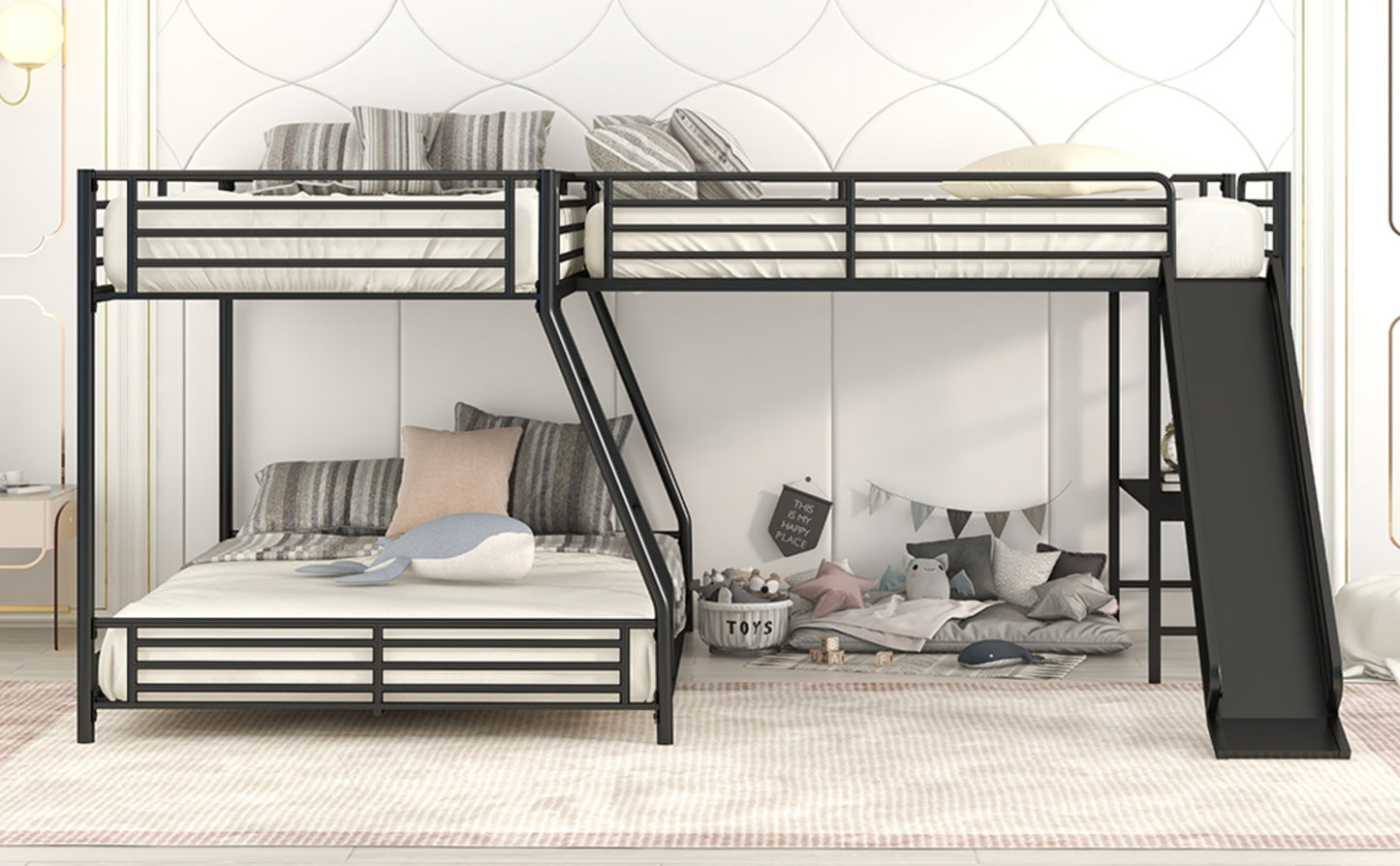 L-Shaped Twin Full Bunk Bed With Loft, Desk  Slide, Black