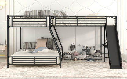 L-Shaped Twin Full Bunk Bed With Loft, Desk  Slide, Black