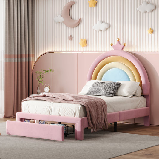 Twin Size Upholstered Rainbow Design Bed, Velvet Princess Platform Bed With Storage Drawer, No Box-spring Needed,Colorful&Pink