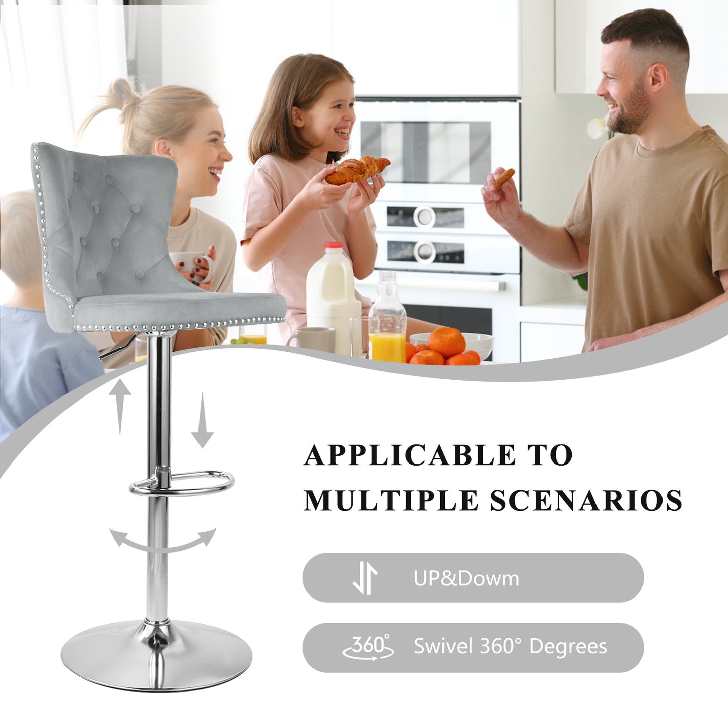 Velvet Swivel Bar Stools, Modern Bar Stools With High Back And Metal Footrest, Adjustable Swivel Barstools