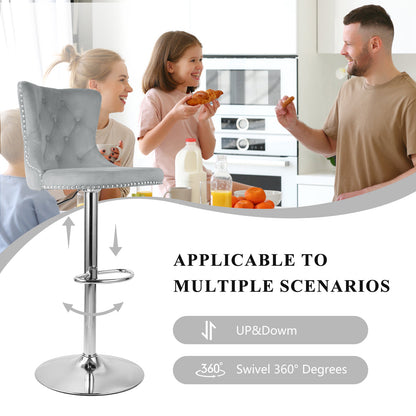 Velvet Swivel Bar Stools, Modern Bar Stools With High Back And Metal Footrest, Adjustable Swivel Barstools