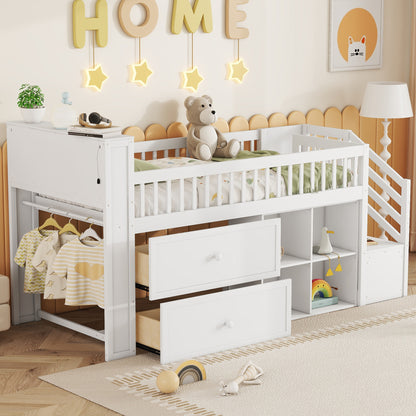 Twin Size Loft Bed With LED And Bookshelf, Wood Low Loft Bed With Stairs, Kids Twin Loft Bed With Storage Drawers And Shelves,White Expect Arrival Date 2025 1 20