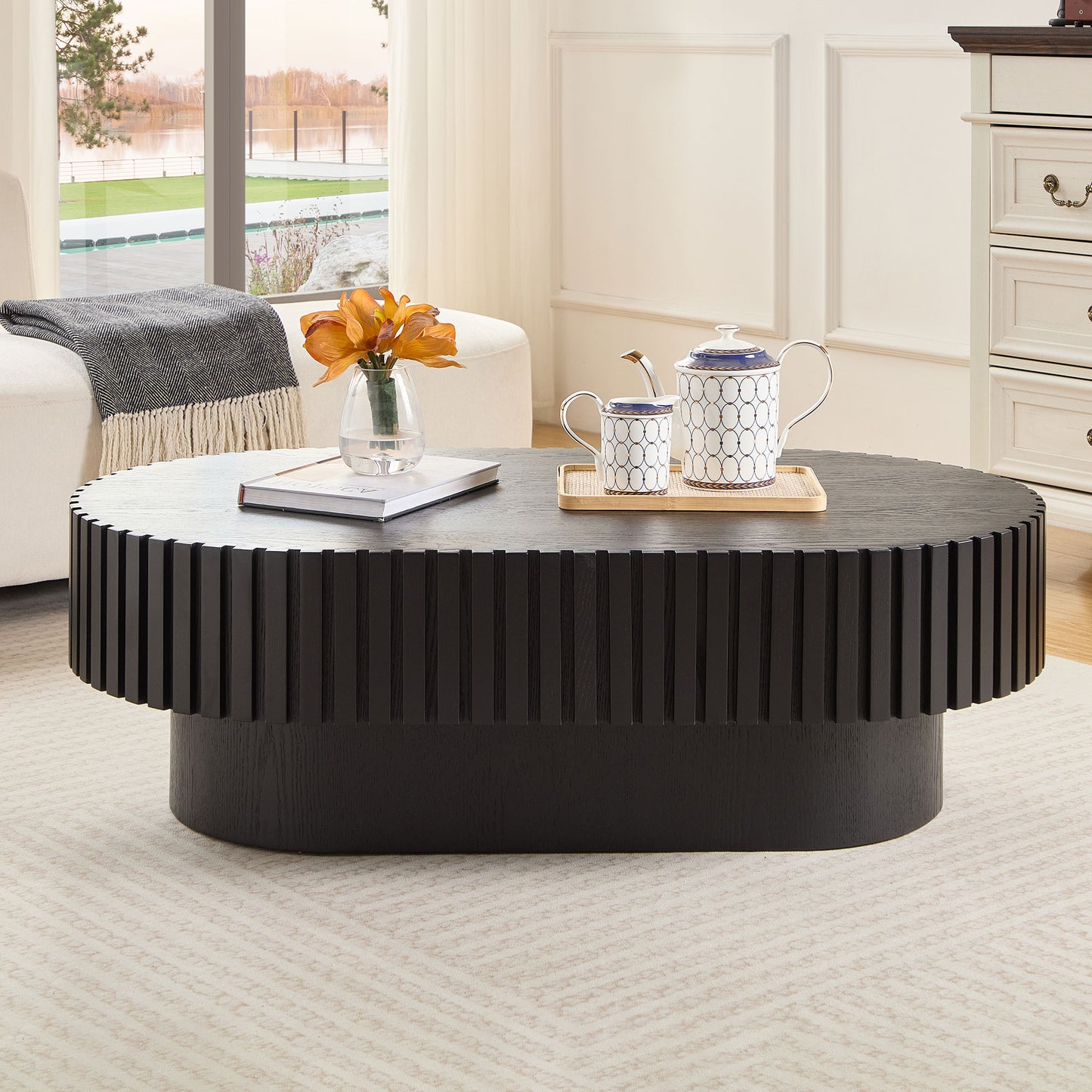 43.70 Inch Modern Handcraft Drum Coffee Table Oval Coffee Table For Living Room,Small Wooden Coffee Table With Sturdy Pedestal For Office,Black