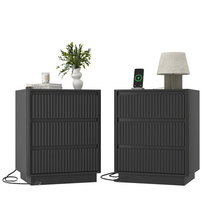 Set Of 2 End Table With Fast USB C Charging Station, Sofa Side Table With 3Drawers, Large Storage Modern Wood Storage Cabinet For Living Room,Bedroom,Office, Black