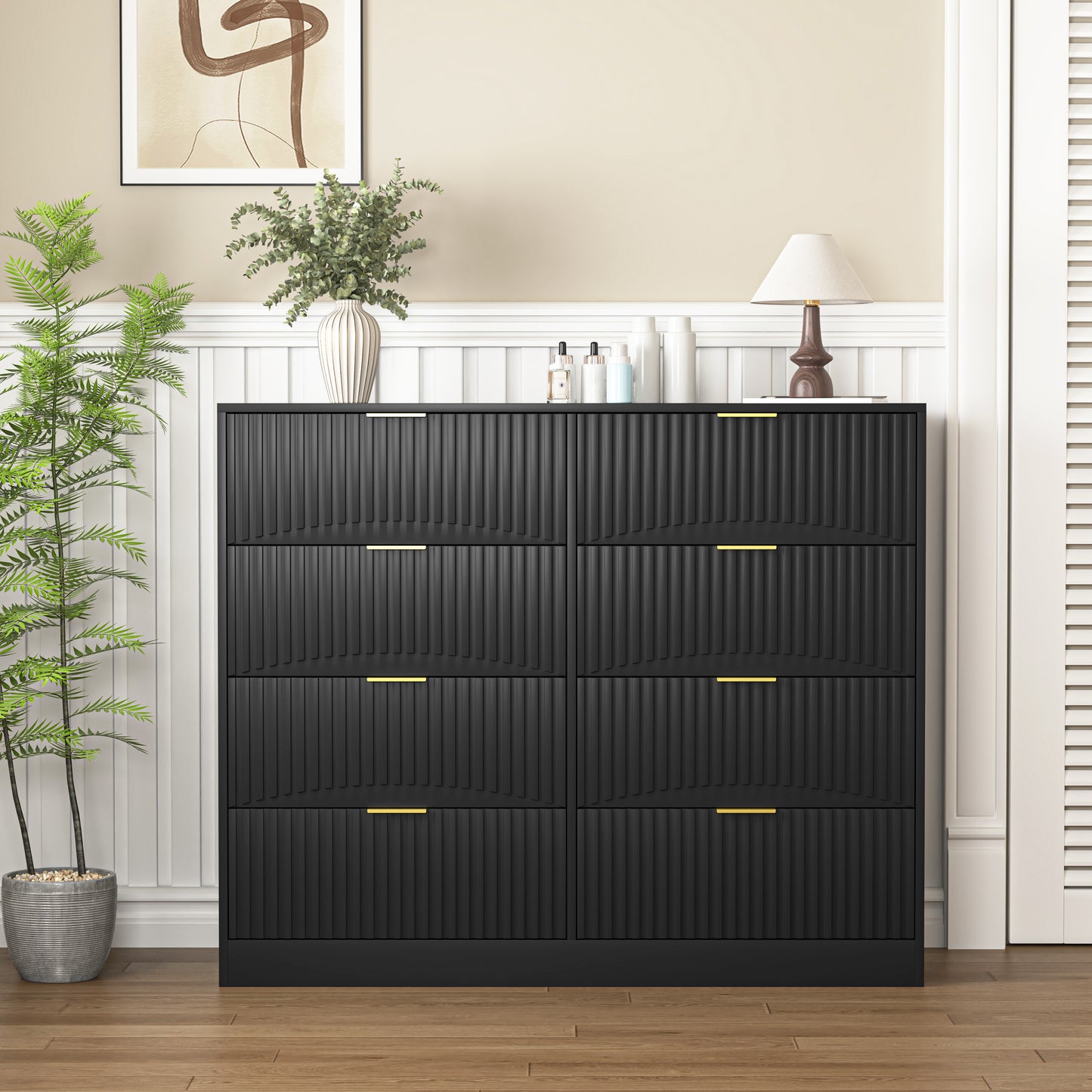 Modern 8 Drawers Dresser Chests For Bedroom,47.2 Wide Wood Chest Of Drawers With Gold Metal Handle,Drawer Organizer For Bedroom,Living Room,Hallway And Entryway,Black