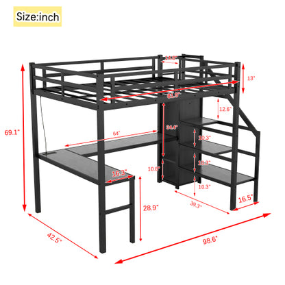 Twin XL Size Loft Bed With L-shaped Desk And USB, Metal Loft Bed With Wardrobe And Adjustable Shelf, High Loft Bed With LED For Kids Teens Adults, Black