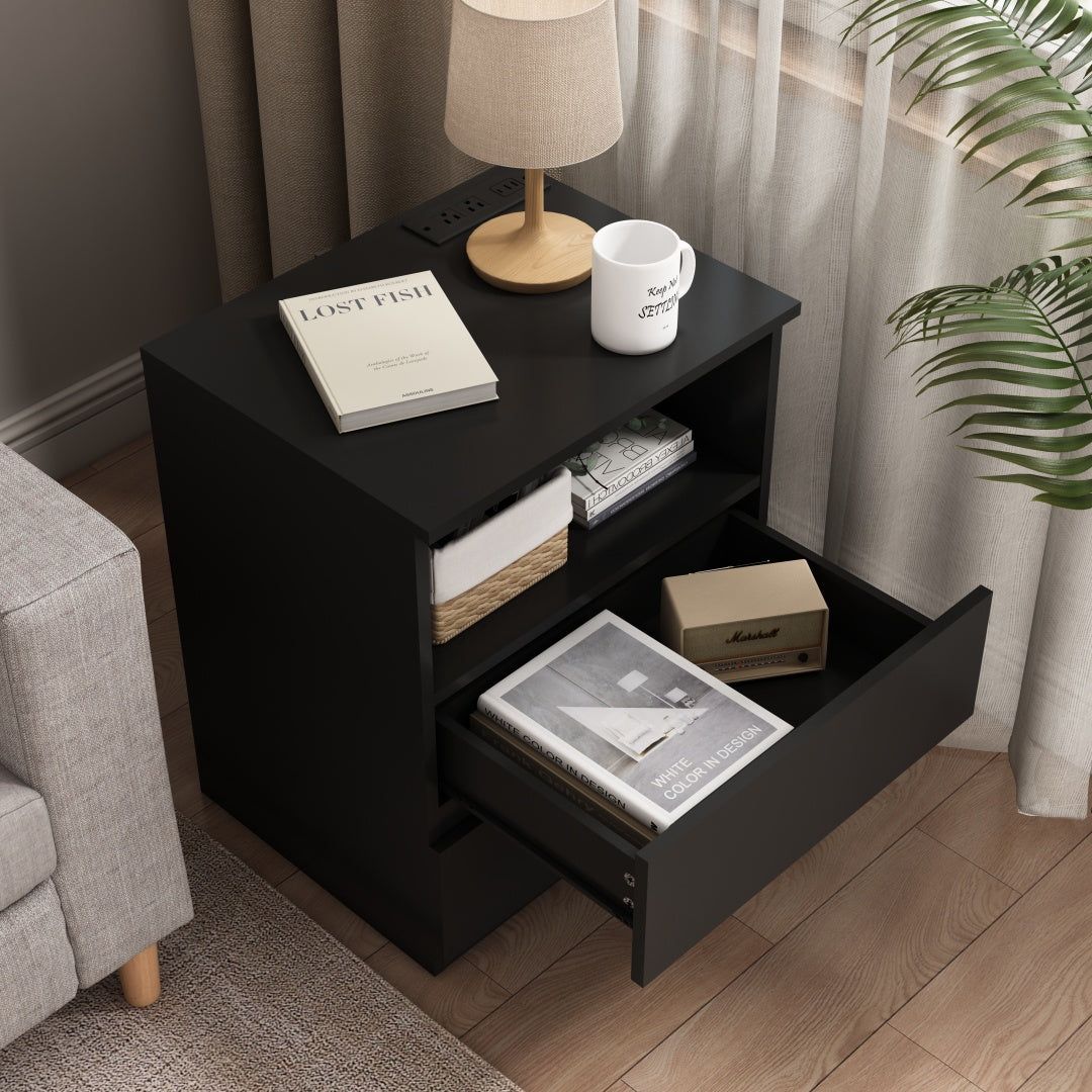 Set Of 2  End Table With Fast USB C Charging Station, Sofa Side Table With 2 Drawers, Large Storage Modern Wood Storage Cabinet For Living Room,Bedroom,Office, Black