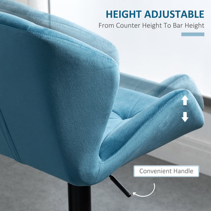 Bar Stools Set Of 2, Luxurious Velvet-Touch Barstools With Metal Frame Footrest Round Base Triangle Indenting Moulded Seat Adjustable Height Swivel Blue