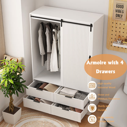 Tall Bedroom Armoire Wardrobe Closet Clothing Storage Cabinet With Hanging Rod Barn Door Drawers Open Shelves,White