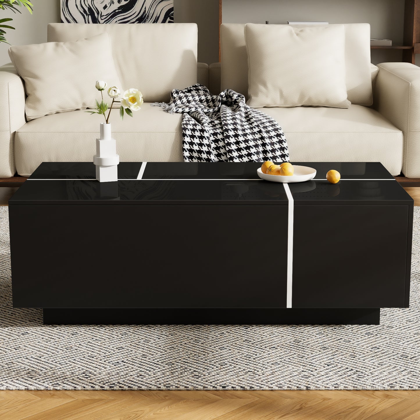 U-Can 47.2 -72.7  Extendable Coffee Table, Multi-Functional Coffee Table With High-Gloss Finish, Coffee Table With 2 Hidden Storage Space And 2 Drawers For Living Room