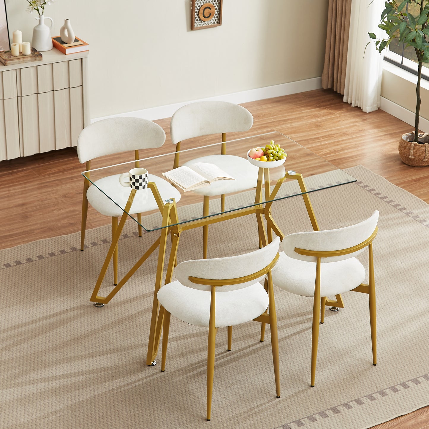 47.3-inch Rectangular Glass Dining Table, Suitable For 1-6 People, Modern Style Home Kitchen Dining Table, Equipped With Sturdy Metal Table Legs,suitable For Dining Room,living Rooms, Offices, Gold