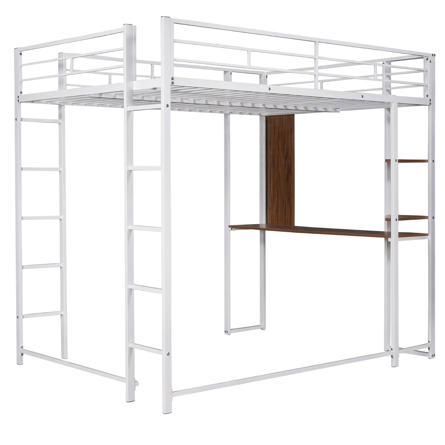 Full Size Metal Loft Bed With Desk, 2 Shelves, White - LP000191AAK