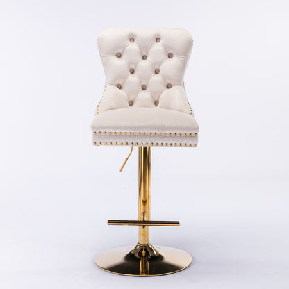 AA Furniture,Thick Golden Swivel Velvet Barstools Adjusatble Seat Height From 27-35 Inch, Modern Upholstered Bar Stools With Backs Comfortable Tufted For Home Pub And Kitchen Island Beige,Set Of 2