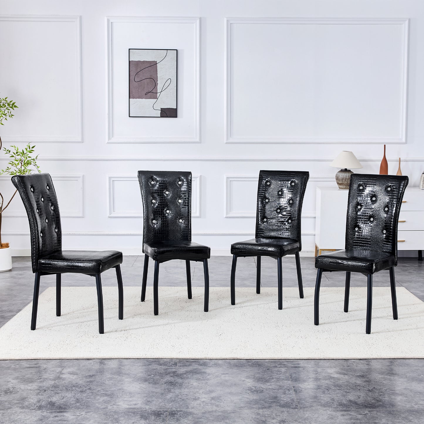 A Set Of 2 Black Vintage Crocodile Leather Cushioned Dining Chairs, Featuring Crystal Clasp Design And Artificial Leather Design, Adding A Touch Of Elegance And Mystery To The Dining Area