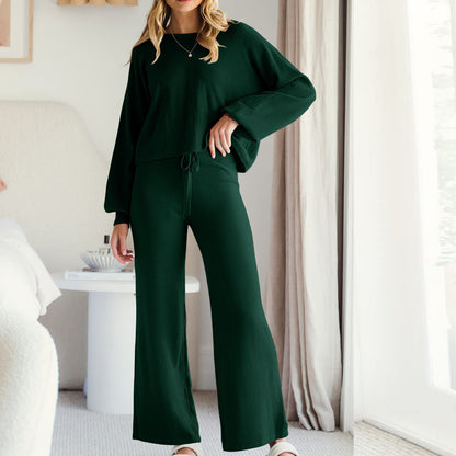 Womens Loose-Fit Crew-Neck Long-Sleeve Top And Elastic-Waist Flared Pants Two-Piece Set