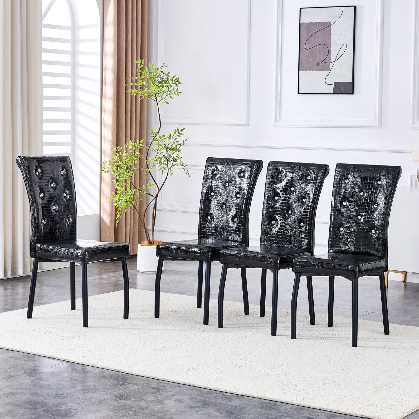 A Set Of 2 Black Vintage Crocodile Leather Cushioned Dining Chairs, Featuring Crystal Clasp Design And Artificial Leather Design, Adding A Touch Of Elegance And Mystery To The Dining Area