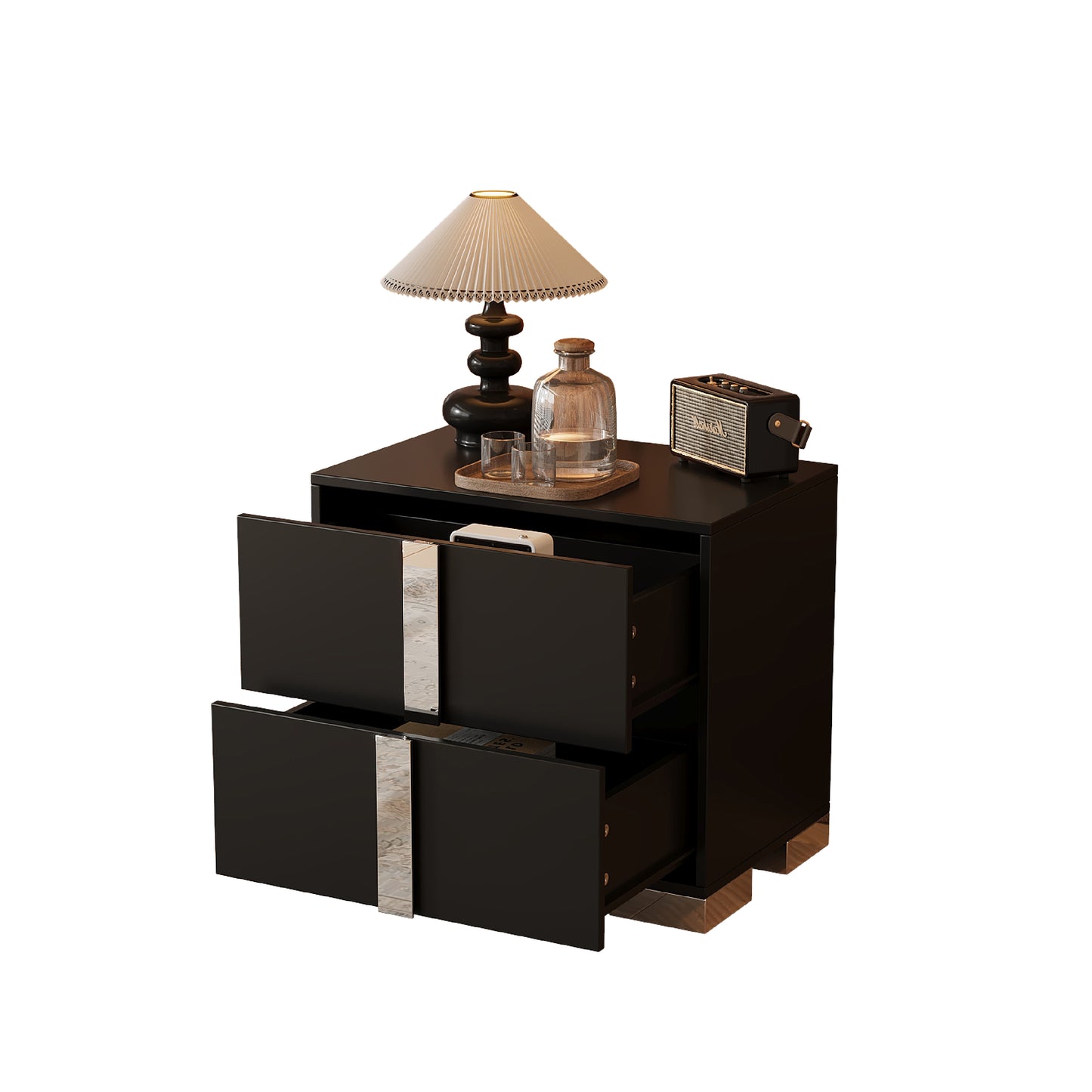 Elegant Nightstand With Metal Foot, Mirrored Bedside Table With 2 Drawers For Bedroom, Living Room, Black