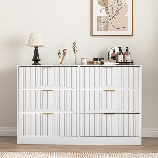 Modern 6-Drawer Dresser, Chest Of Drawers For Bedroom, Living Room, Hallway, And Entryway - Large Storage Cabinet, White,Drawer Panel With Wavy Patterns