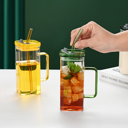 6 Pcs Glass Straw Cup, 6 Colors Square Glass Cup With Straw And Lid, High Borosilicate Glass Cup, Milk Cup, Juice Cup, Cold Drink Cup, Coffee Cup, Tea Cup, Office Cup, Gift Cup