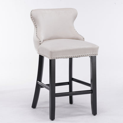 A&A Furniture,Contemporary Velvet Upholstered Wing-Back Barstools With Button Tufted Decoration And Wooden Legs, And Chrome Nailhead Trim, Leisure Style Bar Chairs,Bar Stools, Set Of 2 Beige,SW1824B