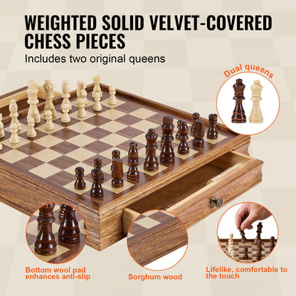 Solid Wood Chess Set, 15 Inch  2-IN-1 Chess Checkers Game Set, Chess Board Games With Storage Drawer & Weighted Chess Checkers Pieces & 2 Queens, For Adults Kids Tournament Professional Beginner