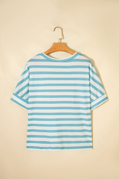 Stripe V Neck Patched Pocket Casual T Shirt