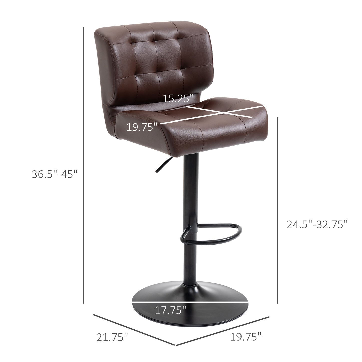 Bar Height Bar Stools Set of 2 with Adjustable Seat, Adjustable Swivel Barstools with Thick Padded Cushion and Metal Footrest for Home Bar, Brown