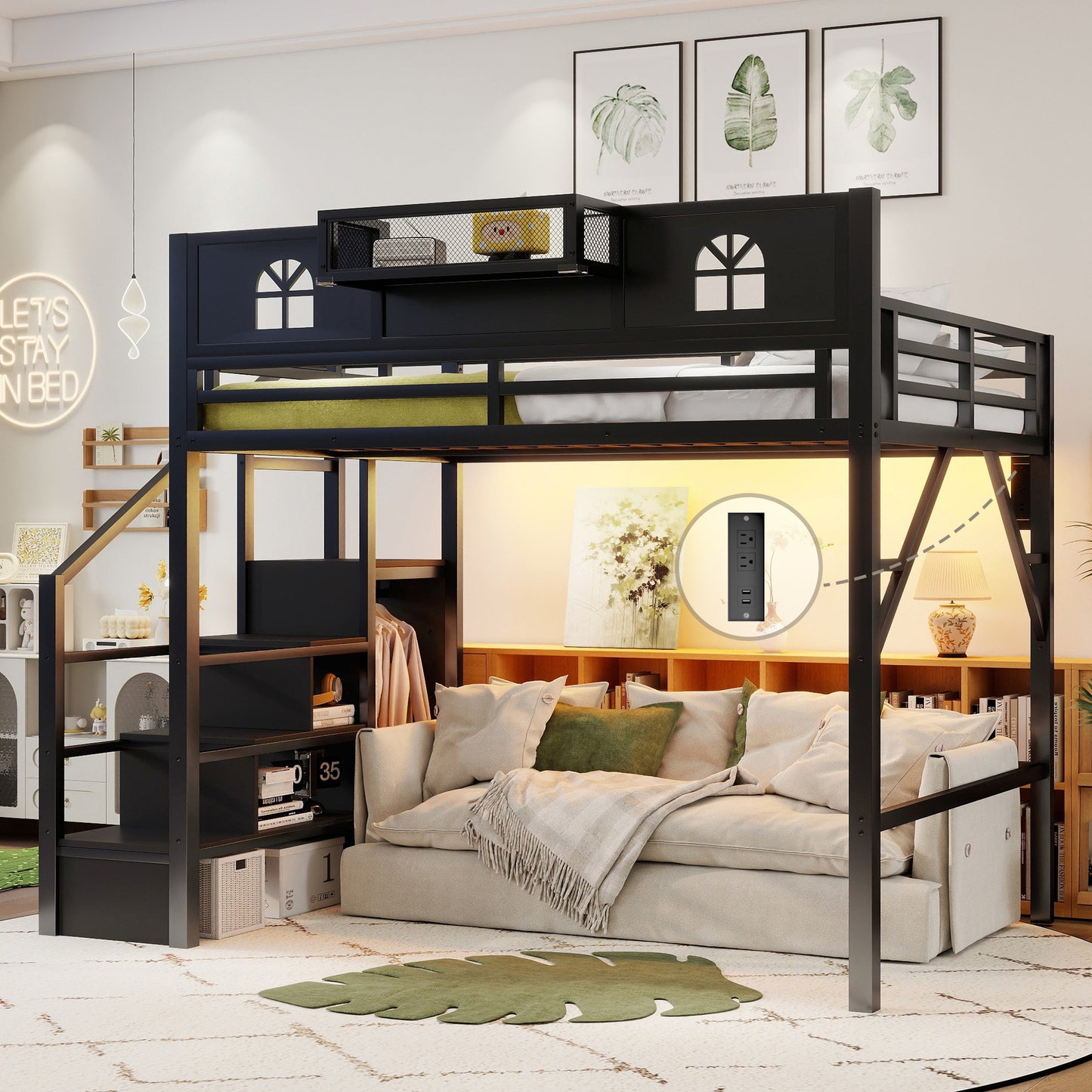 Full Size Loft Bed With Stairs, Metal Full Loft Bed With High And House Shaped Guardrails, High Loft Bed With Wardrobe For Kids Teens, Black