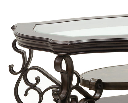 Cocktail Table, Glass Table Top, MDF W Marble Paper Middle Shelf, Powder Coat Finish Metal Legs. 52Lx32Wx20.3H
