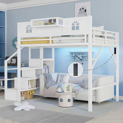 Full Size Loft Bed With Stairs, Metal Full Loft Bed With High And House Shaped Guardrails, High Loft Bed With Wardrobe For Kids Teens, White Old SKU W2593S00037 Expect Arrival Datee2026 3 17