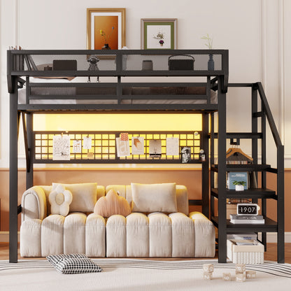 Full Size Loft Bed With Stairs, Metal Full Loft Bed With Light And Storage, High Loft Bed With Wardrobe And Storage For Kids Teens Adults, Black