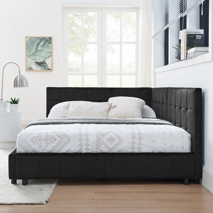 Full Size Upholstered Tufted  Bed Frame, Sofa Bed Frame With Comfortable Backrest And Armrests, Full Size Bed For Bedroom, Living Room,Velvet, Black 80.5x59x30.5