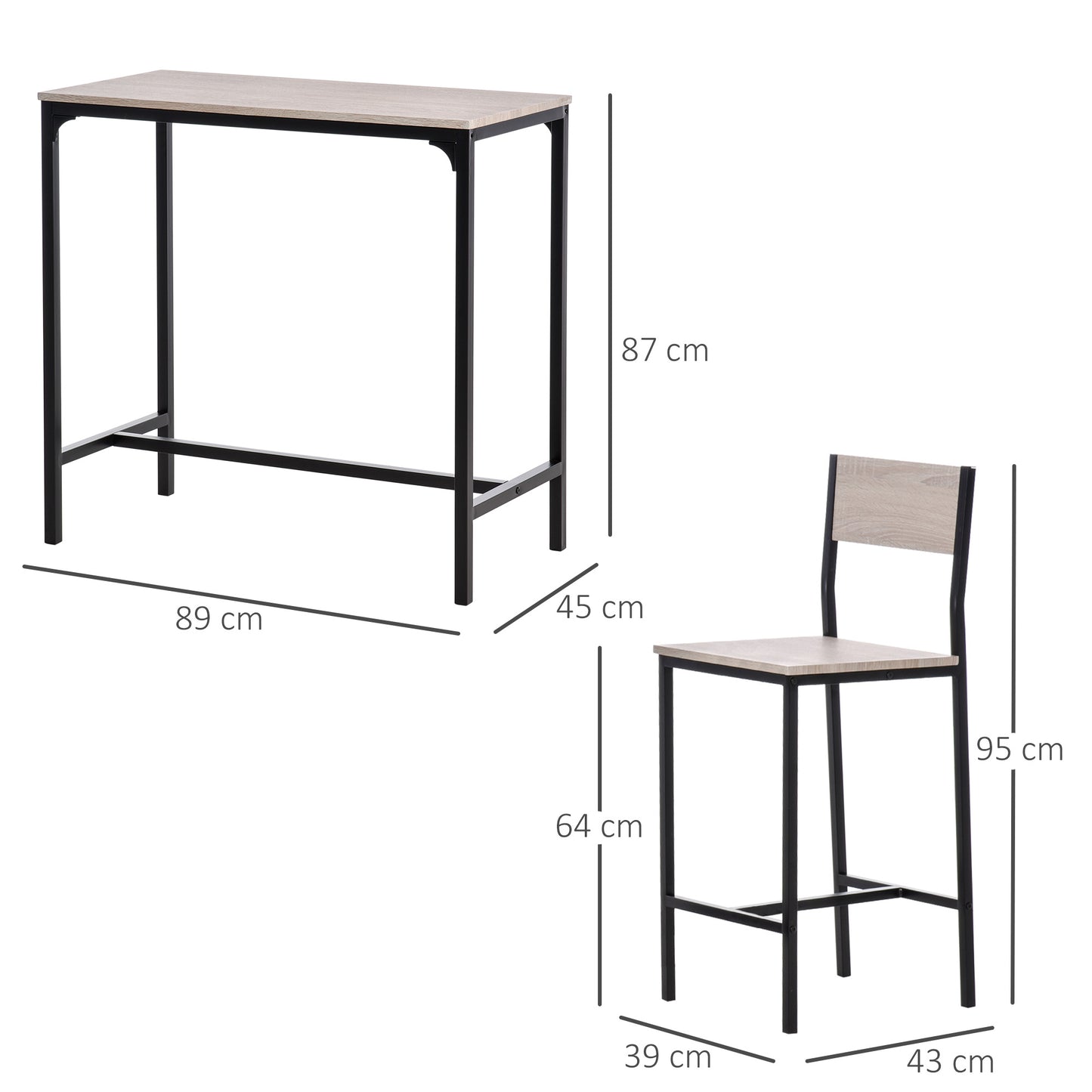 3-Piece Bar Table Set With 2 Stools, Industrial Breakfast Bar Set With Footrest, Backrest For Dining Room, Small Space
