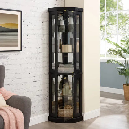 Lighted Corner Curio Cabinet - Display Case For Living Room, Antique Collectibles, Wine & Bar Glass Storage - Elegant Corner Design With Lights Included-BLACK
