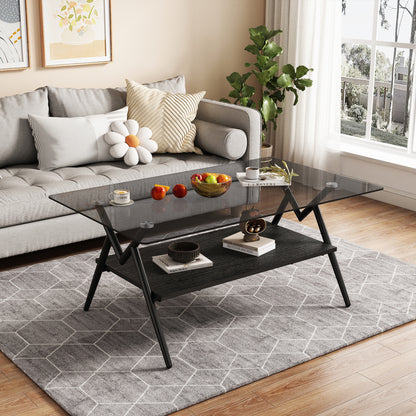 Rectangle Coffee Table With Tempered Glass Top And Black MDF Shelf, Modern Table For Living Room, Gray Glass