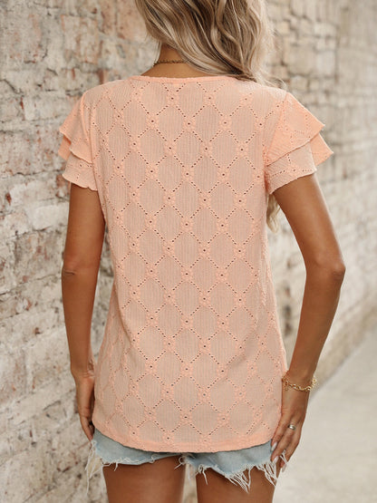 Eyelet Round Neck Double Layered Ruffled Short Sleeve Top